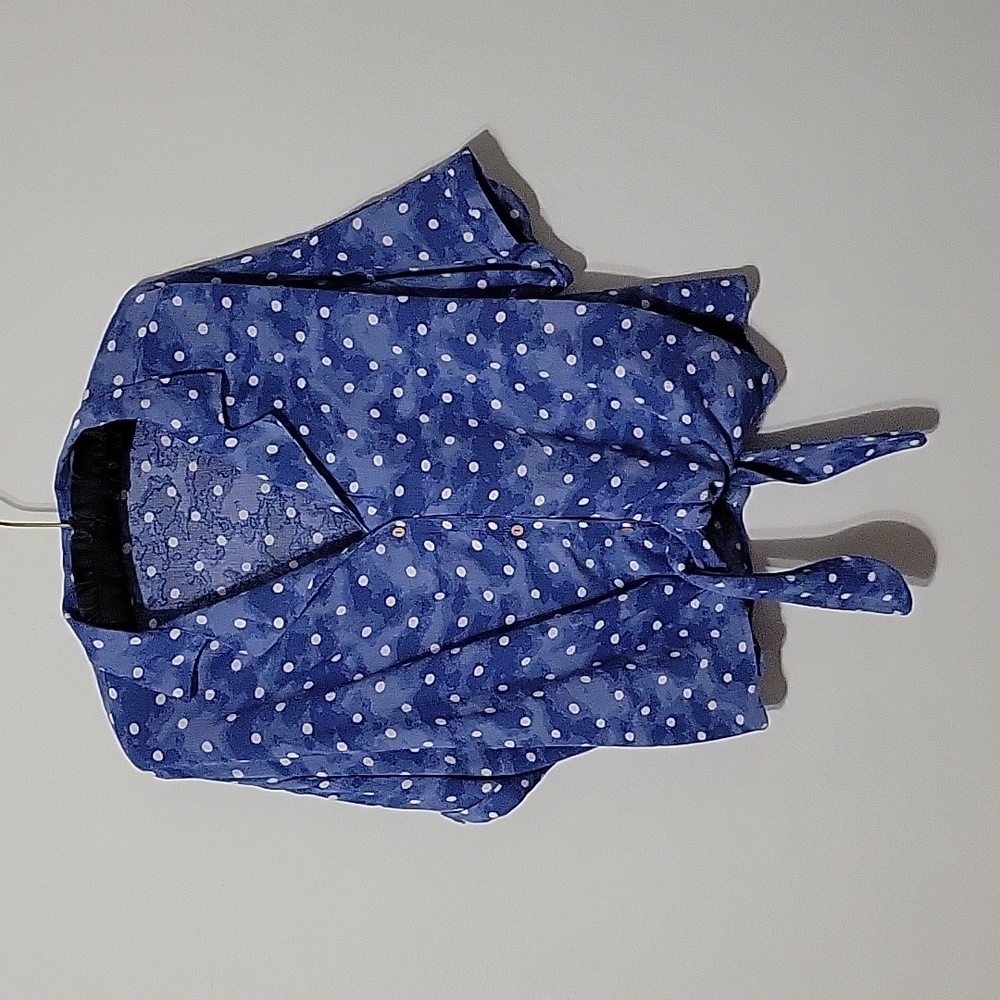 Blue & White Polkadot Print, Casual Lightweight, Short Sleeve Crop Top